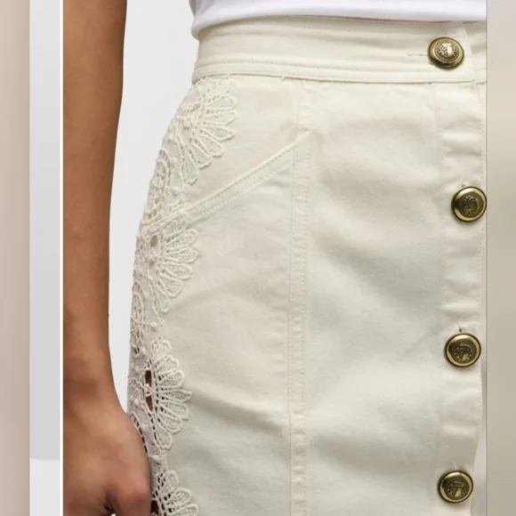 $465 Ramy Brook Women's LENNOX Denim & Lace Midi Skirt In Ivory Size 6 $395 HTF